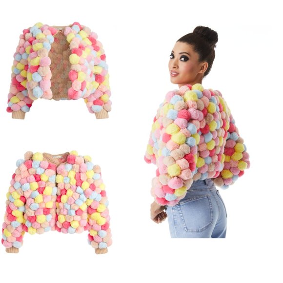 Alice + Olivia Sweaters - ❌SOLD❌Alice + Olivia Fawn Pompom Cropped Jacket XS/S Multicolor Cardigan Ribbed